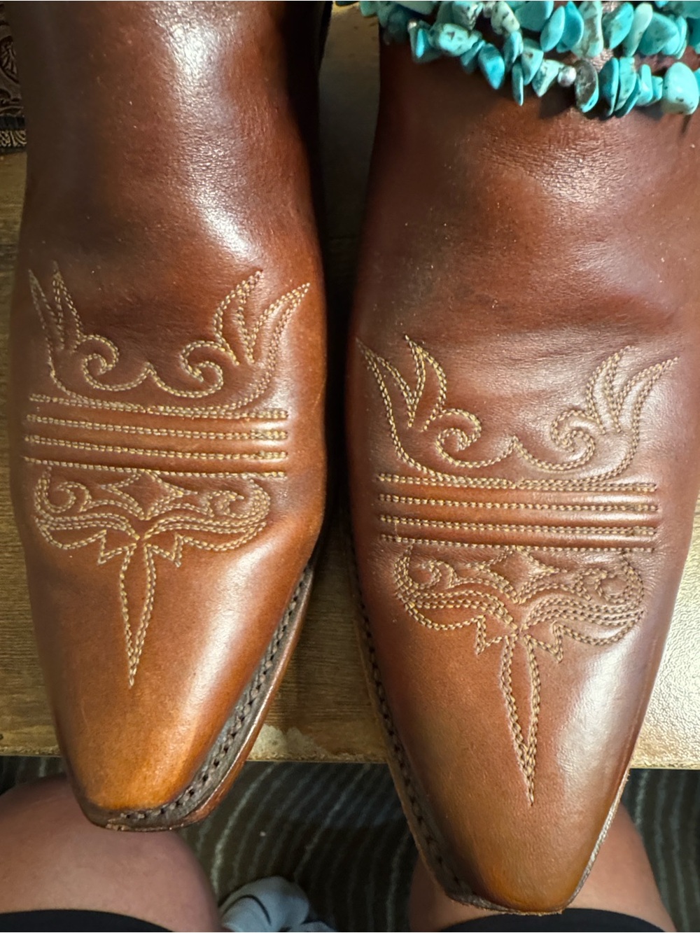 Lucchese Brown Leather Western Heeled Boots with Turquoise Accents - Picture 8 of 8